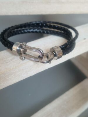 Bracelet homme en cuir noir rond et plat tressé