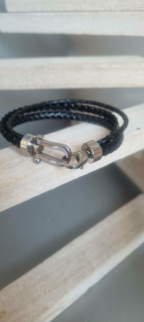 3CO57 Bracelet homme en cuir noir rond et plat tressé