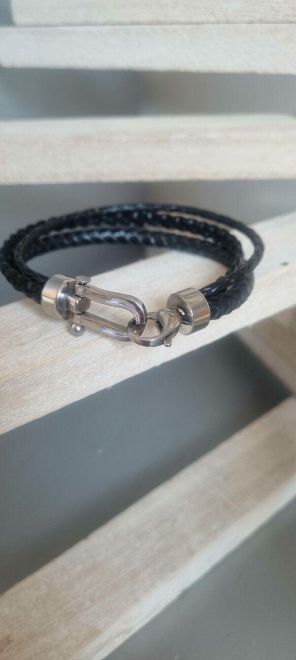 Bracelet homme en cuir noir rond et plat tressé