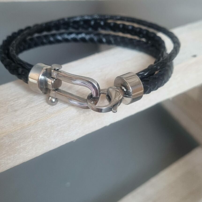 Bracelet homme en cuir noir rond et plat tressé