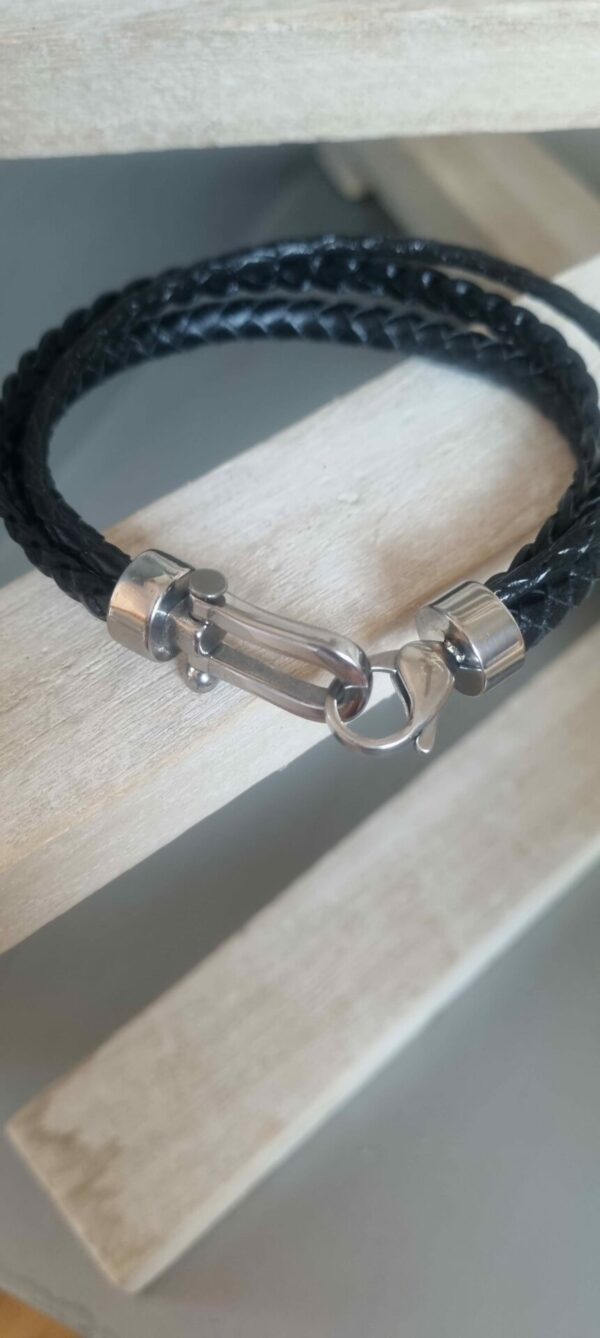 Bracelet homme en cuir noir rond et plat tressé