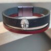 Bracelet homme15mm en cuir noir et bordeaux, passant bouddha argenté