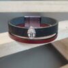 Bracelet homme15mm en cuir noir et bordeaux, passant bouddha argenté