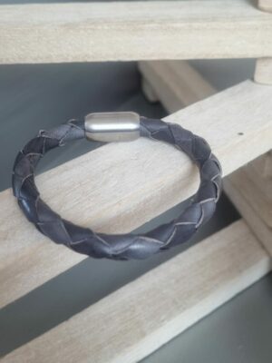 Bracelet homme en cuir tressé gris rond