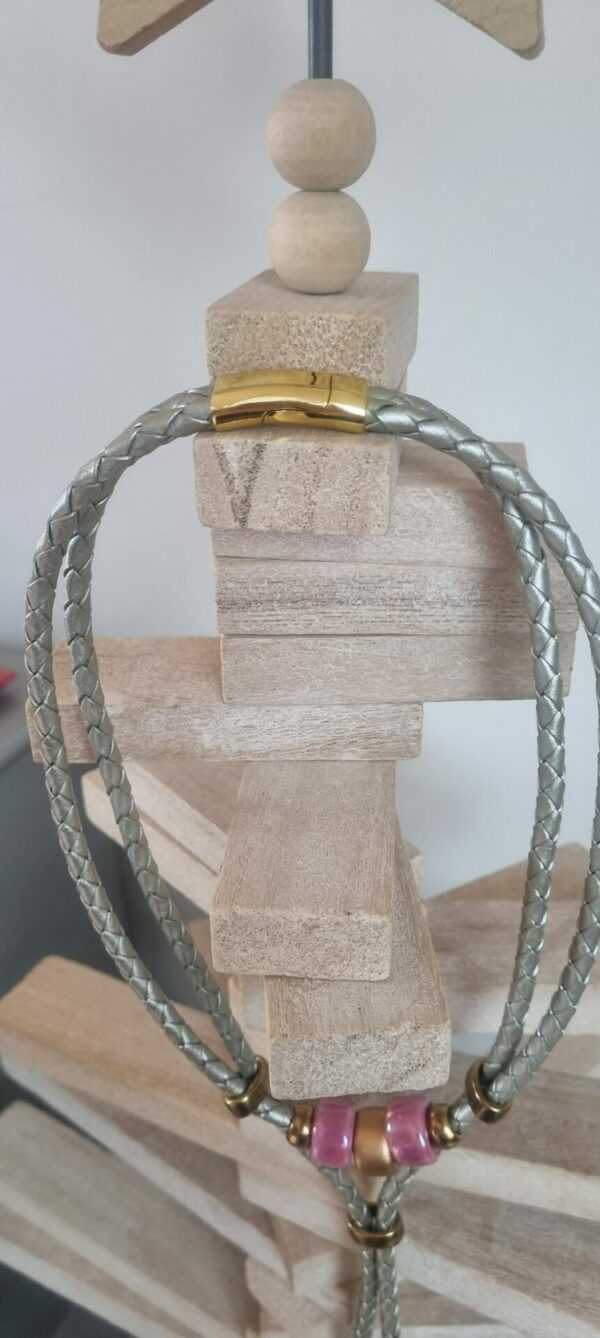 3COL22B Collier en cuir tressé cuir perles en céramique rose et doré