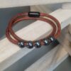 Bracelet homme double tour en cuir rond marron et perles noires