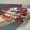 Bracelet femme en cuir rond orange et rose, perles argentées