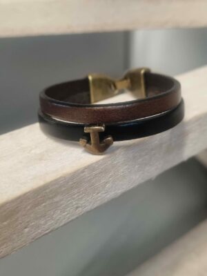 Bracelet enfant en cuir bronze et noir, ancre bronze