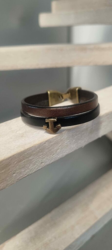 Bracelet enfant en cuir bronze et noir, ancre bronze