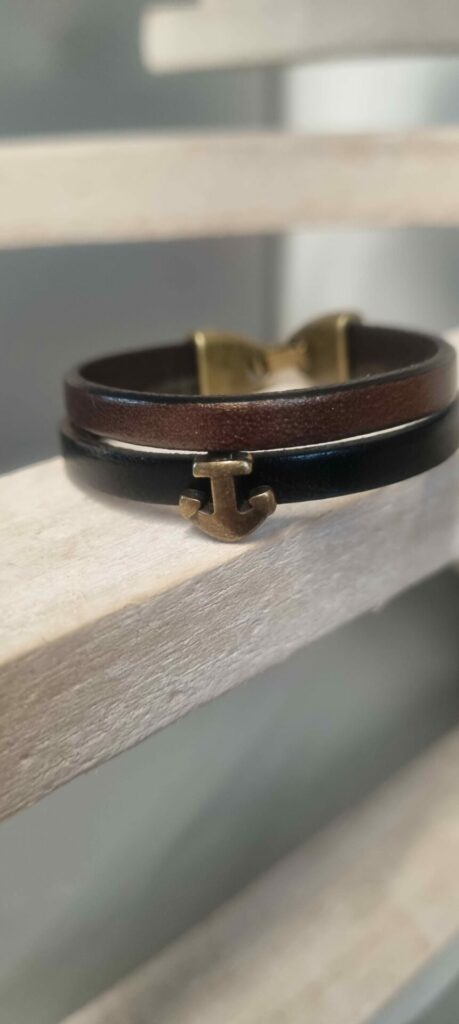 Bracelet enfant en cuir bronze et noir, ancre bronze