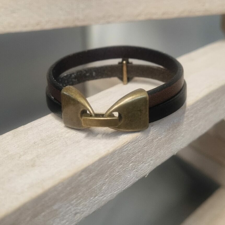 Bracelet enfant en cuir bronze et noir, ancre bronze