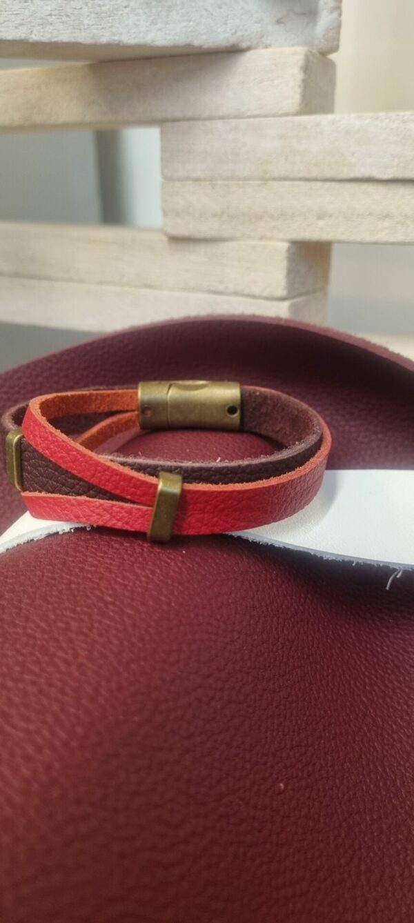 Bracelet homme cuir souple marron et rouge