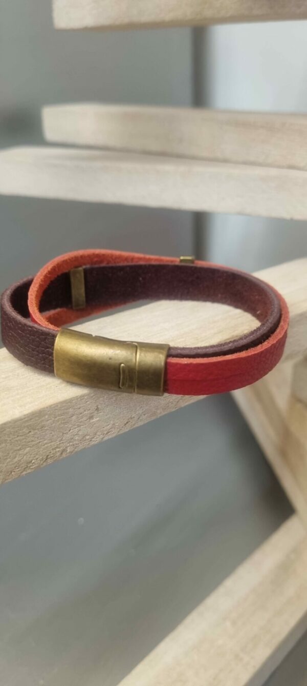 Bracelet homme cuir souple marron et rouge