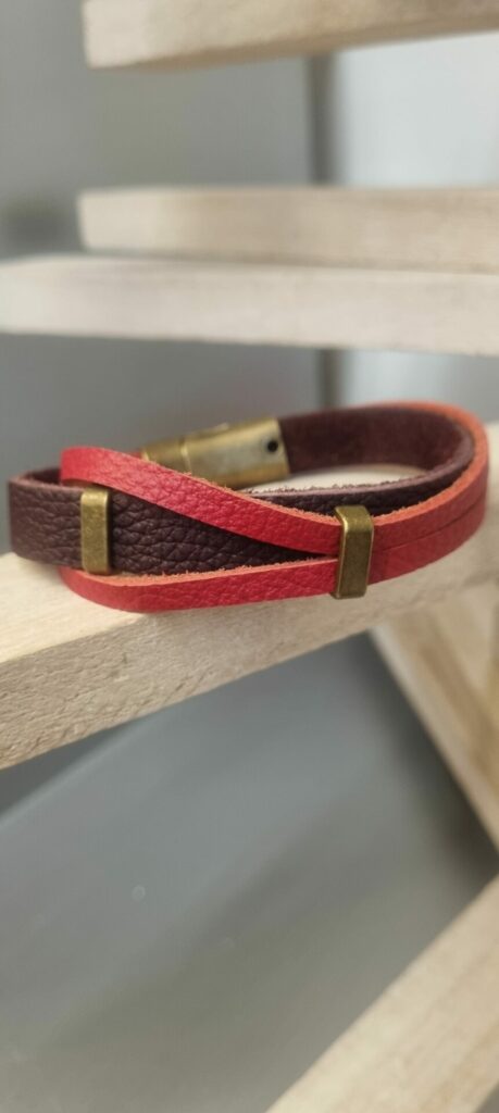 Bracelet homme cuir souple marron et rouge