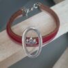 Bracelet femme cuir rouge et rose, passant ovale et fleur de lotus