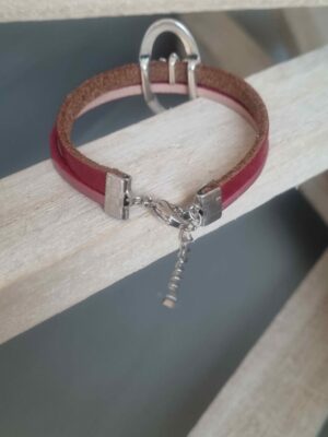 Bracelet femme cuir rouge et rose, passant ovale et fleur de lotus