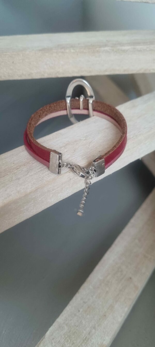 Bracelet femme cuir rouge et rose, passant ovale et fleur de lotus