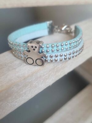 Bracelet enfant en suédine bleue et argentée et son ourson