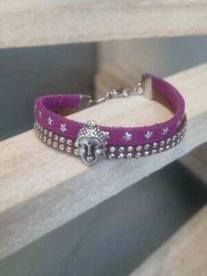 Bracelet enfant en suédine violette et marron, bouddha argenté