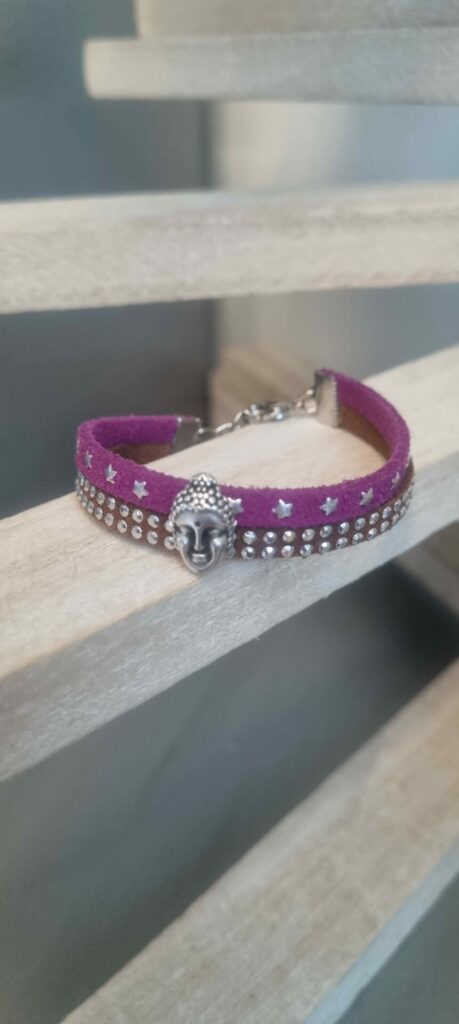Bracelet enfant en suédine violette et marron, bouddha argenté
