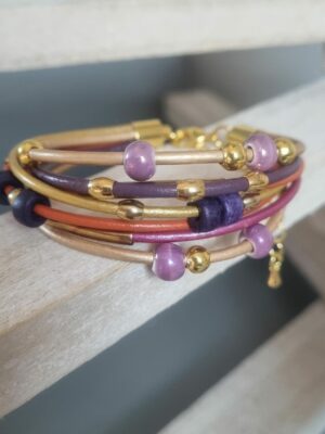 Bracelet femme en cuir rond, perles dorées et céramiques