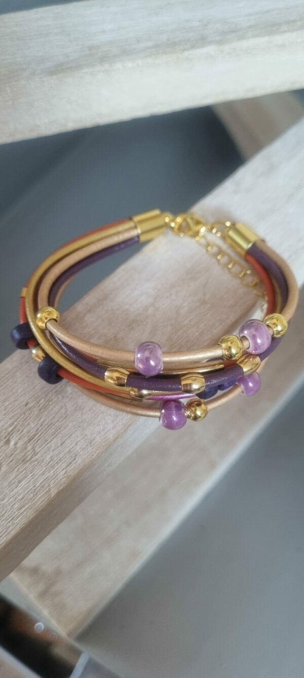 Bracelet femme en cuir rond 2mm, perles dorées et en céramique