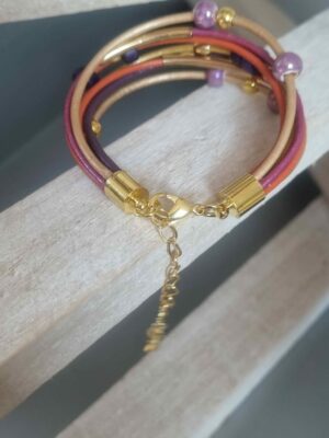 Bracelet femme en cuir rond 2mm, perles dorées et en céramique – Image 3