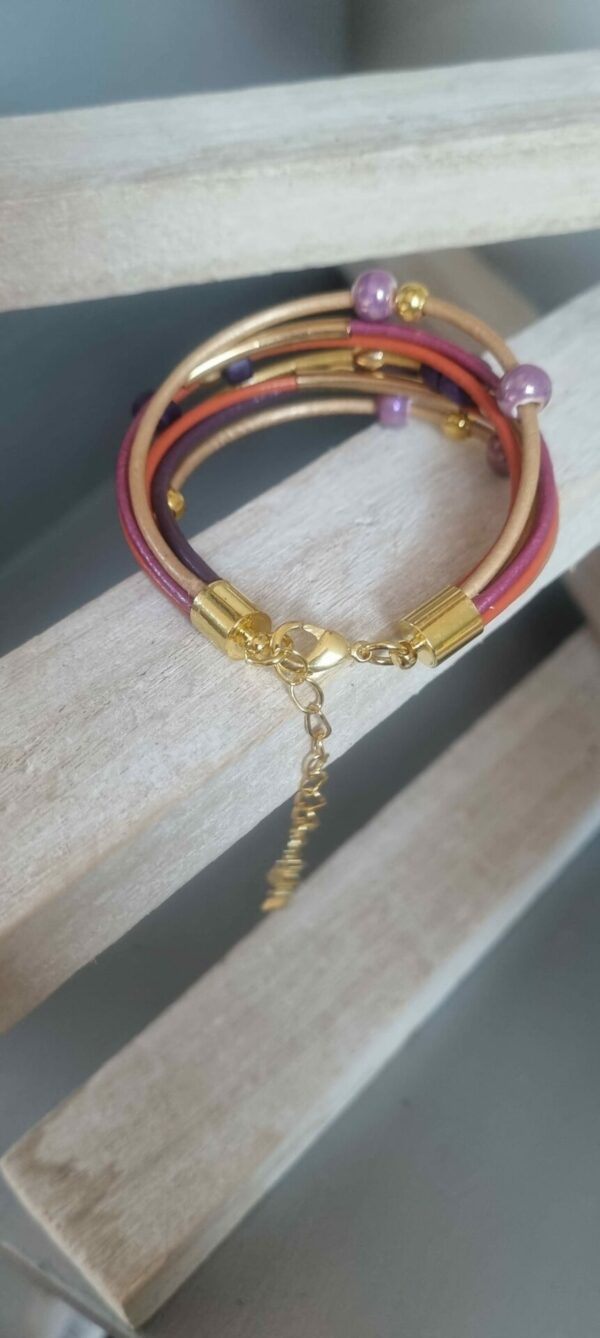Bracelet femme en cuir rond 2mm, perles dorées et en céramique