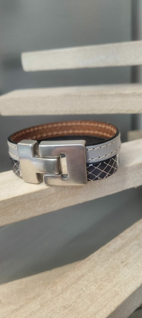 3CUI56 Bracelet femme 20mm en cuir gris et noir argenté, fermoir T
