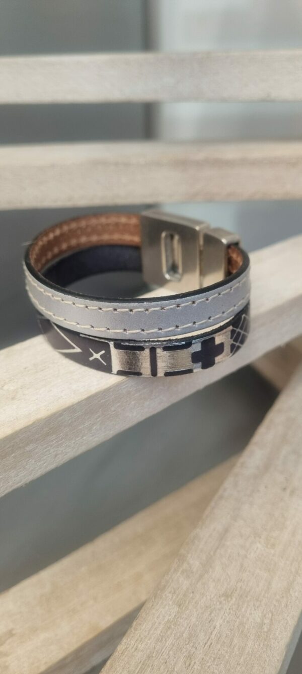 3CUI56B Bracelet femme 20mm en cuir gris et noir argenté, fermoir T