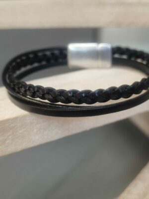 Bracelet homme cuir noir trois cuirs différents