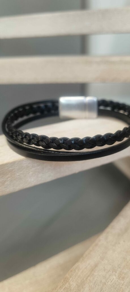 Bracelet homme cuir noir trois cuirs différents