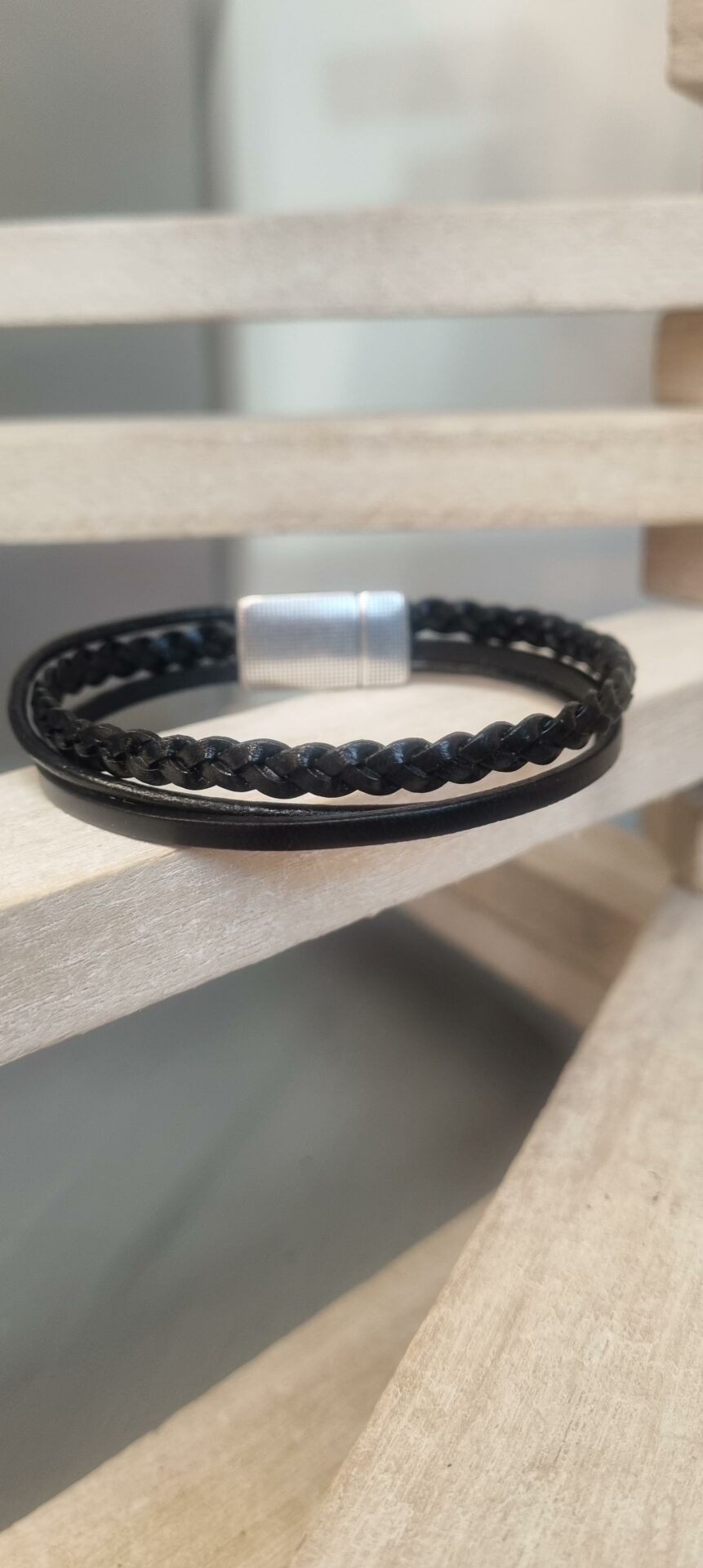 Bracelet homme cuir noir trois cuirs différents