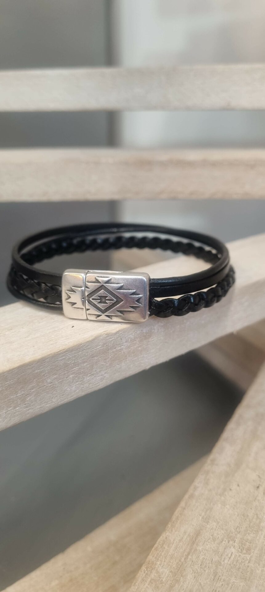 Bracelet homme cuir noir trois cuirs différents