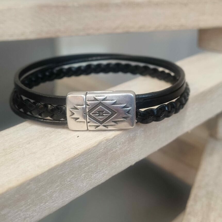 Bracelet homme cuir noir trois cuirs différents