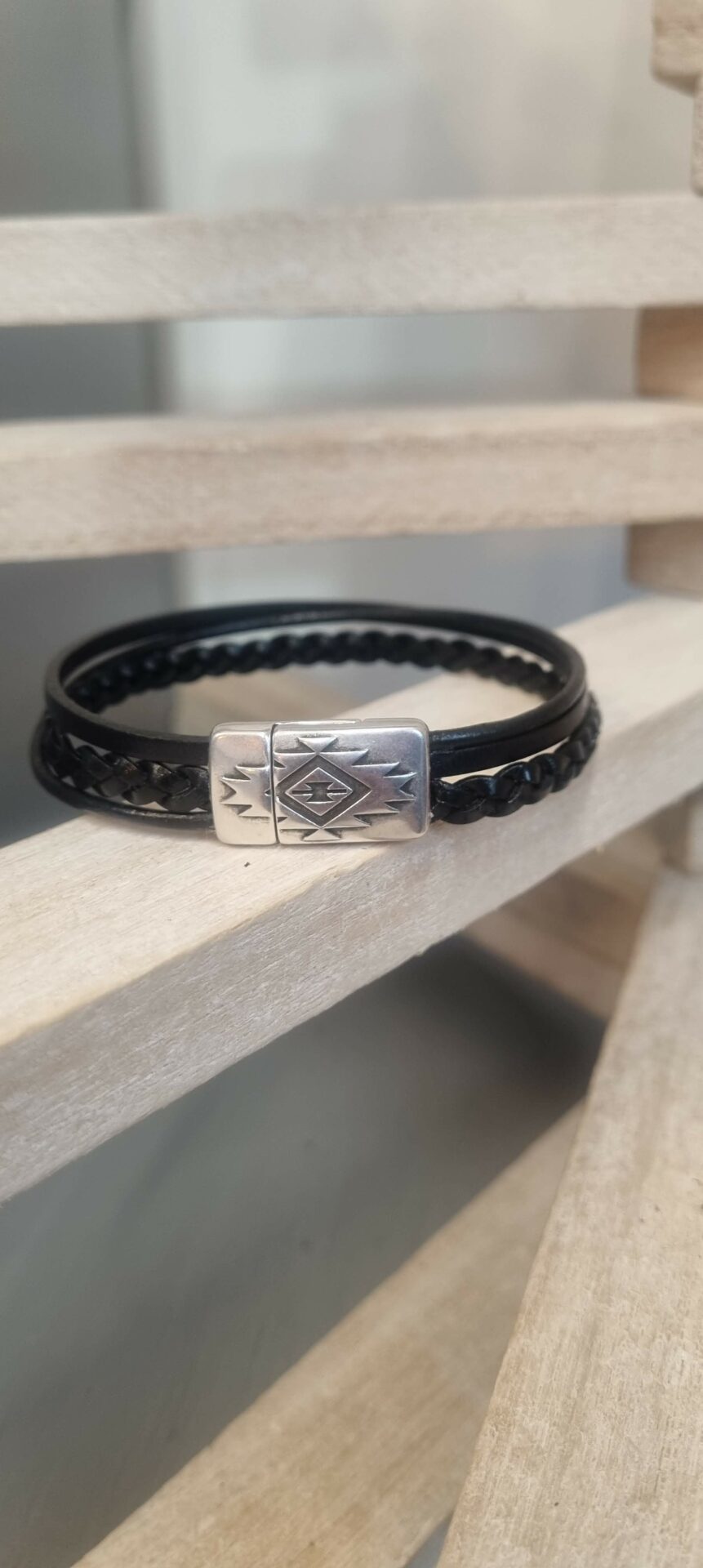 Bracelet homme cuir noir trois cuirs différents