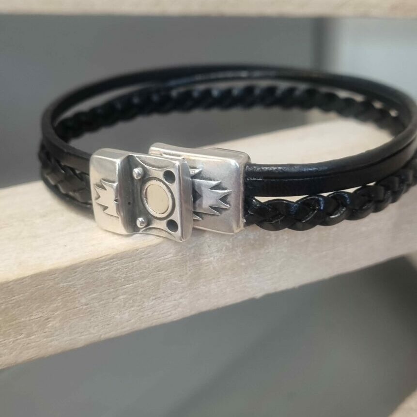 Bracelet homme cuir noir trois cuirs différents