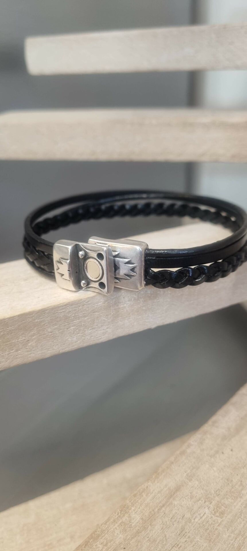 Bracelet homme cuir noir trois cuirs différents