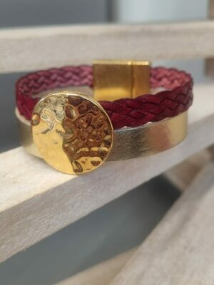 Bracelet femme en cuir doré et tressé rouge, pastille dorée