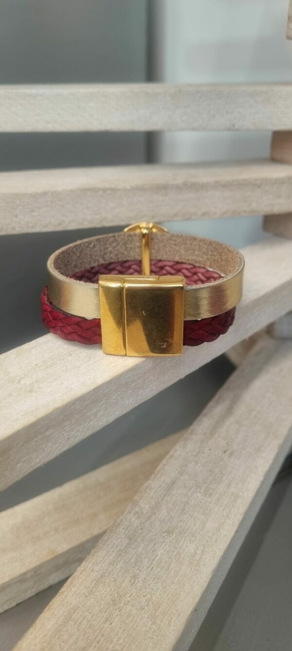 3CUI60B Bracelet femme en cuir doré et tressé rouge, pastille dorée