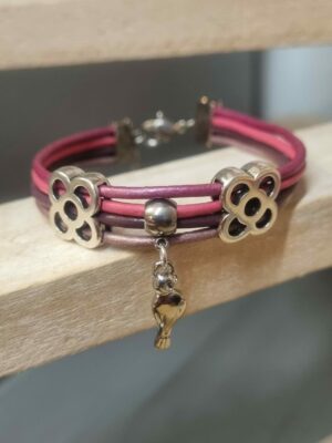 Bracelet femme enfant en cuir rond rose et pendentif oiseau