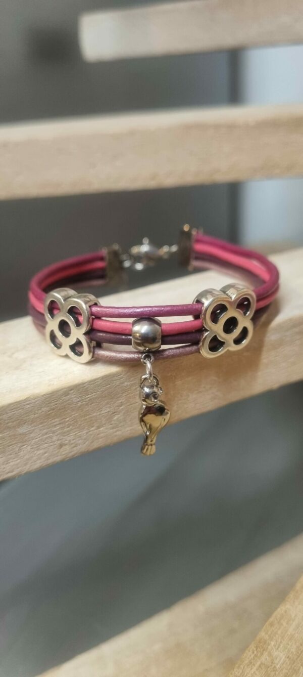 Bracelet femme enfant en cuir rond rose et pendentif oiseau