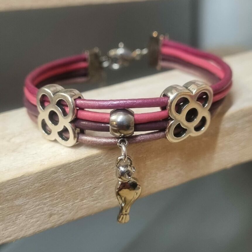 Bracelet femme enfant en cuir rond rose et pendentif oiseau
