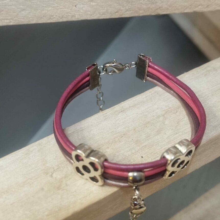 Bracelet femme enfant en cuir rond rose et pendentif oiseau