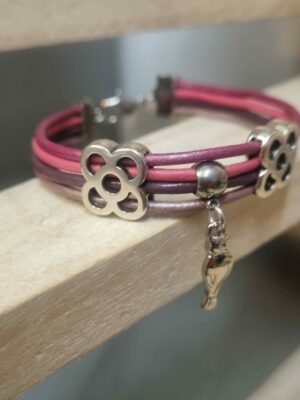 Bracelet femme enfant en cuir rond rose et pendentif oiseau