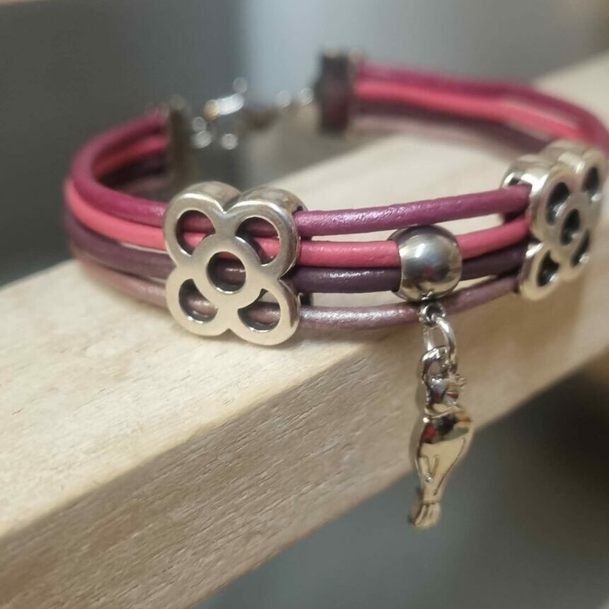 Bracelet femme enfant en cuir rond rose et pendentif oiseau