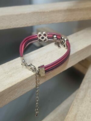 Bracelet femme enfant en cuir rond rose et pendentif oiseau