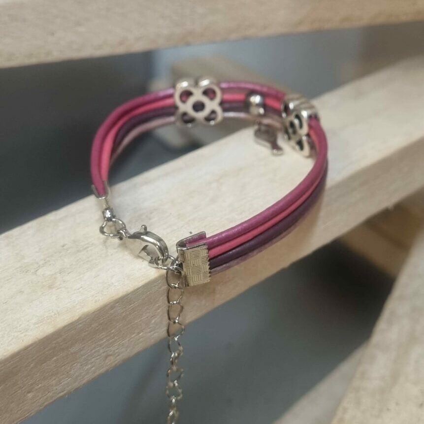 Bracelet femme enfant en cuir rond rose et pendentif oiseau