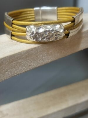 Bracelet femme en cuir rond doré et tubes argentés