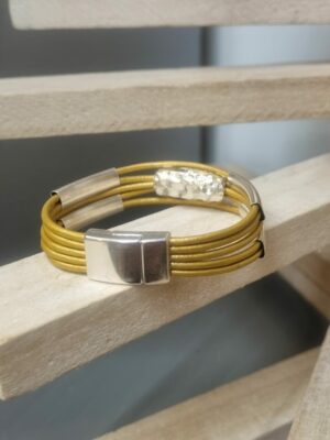 Bracelet femme en cuir rond doré et tubes argentés